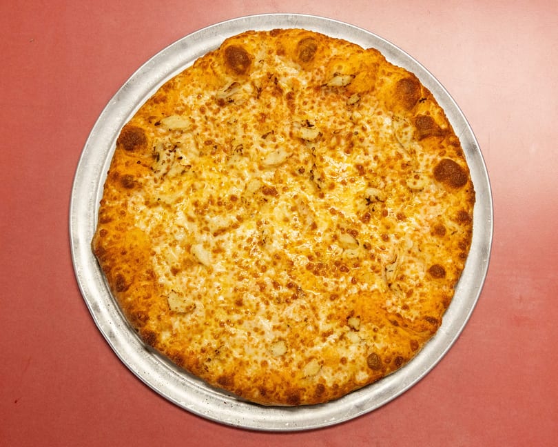 Golden-crusted pizza with melted cheese and savory white toppings on a metal pan.